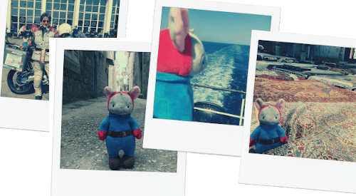 A selection of polaroid style pictures of Tom Mouse and Richard Barr on their travels