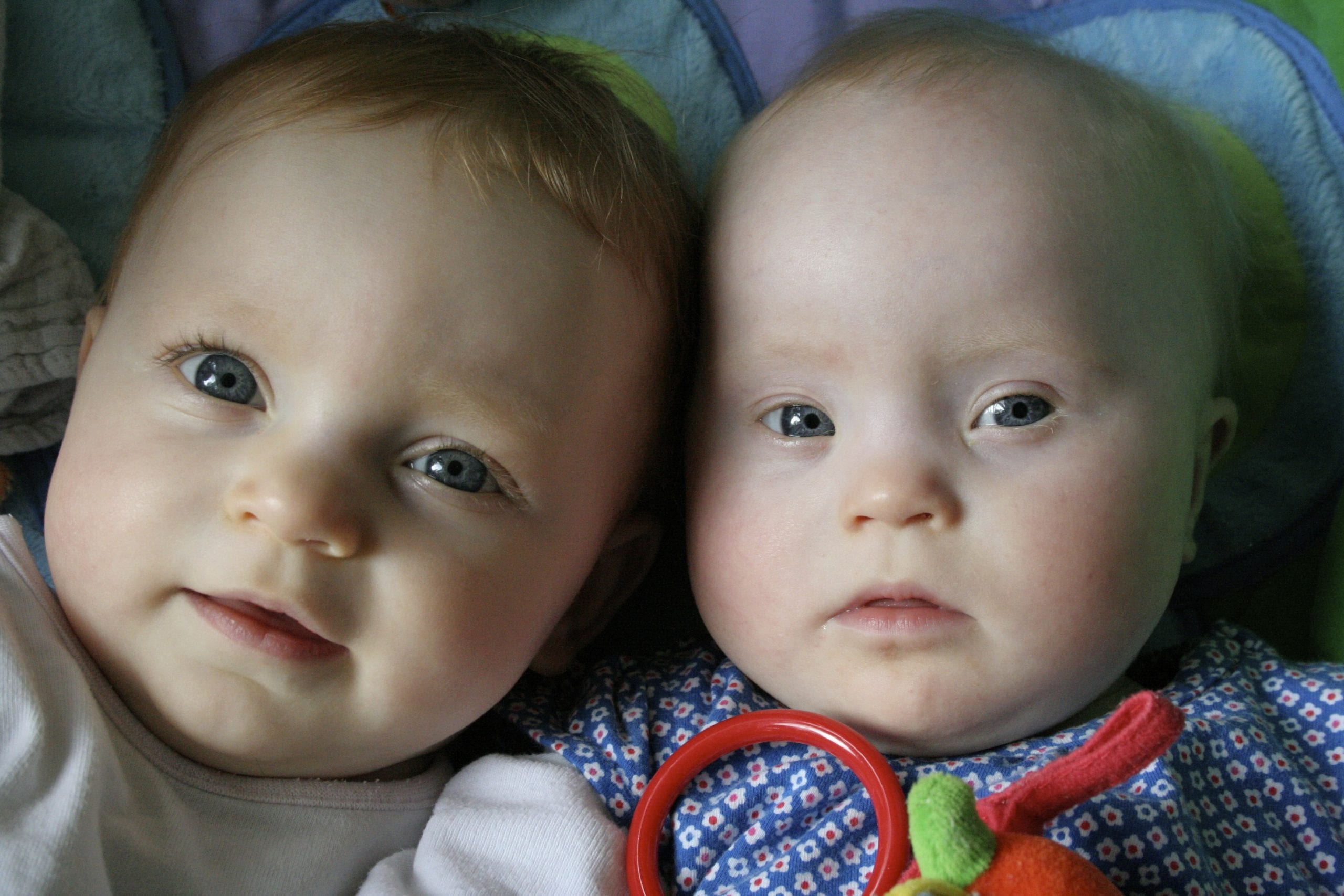 Two babies lie looking at the camera. Their heads are close together. One of the babies has Down's syndrome.