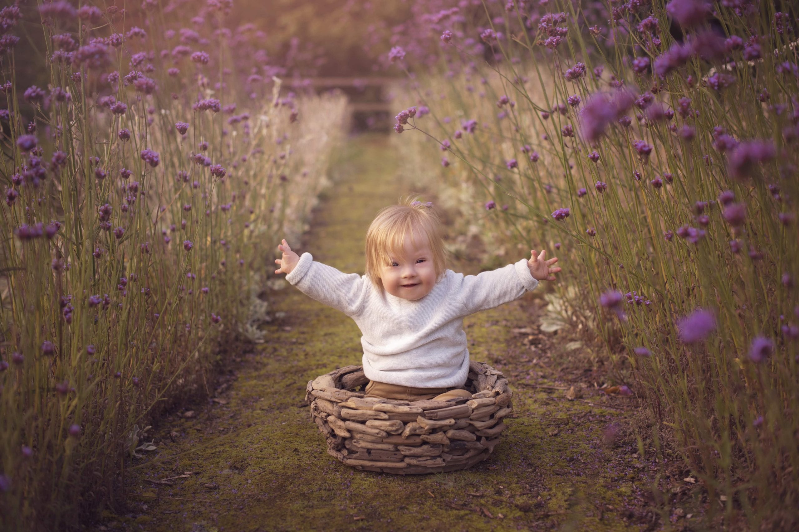 A toddler who has Down syndrome sits in a basket in the middle of a meadow www.photographybylorna.co.uk