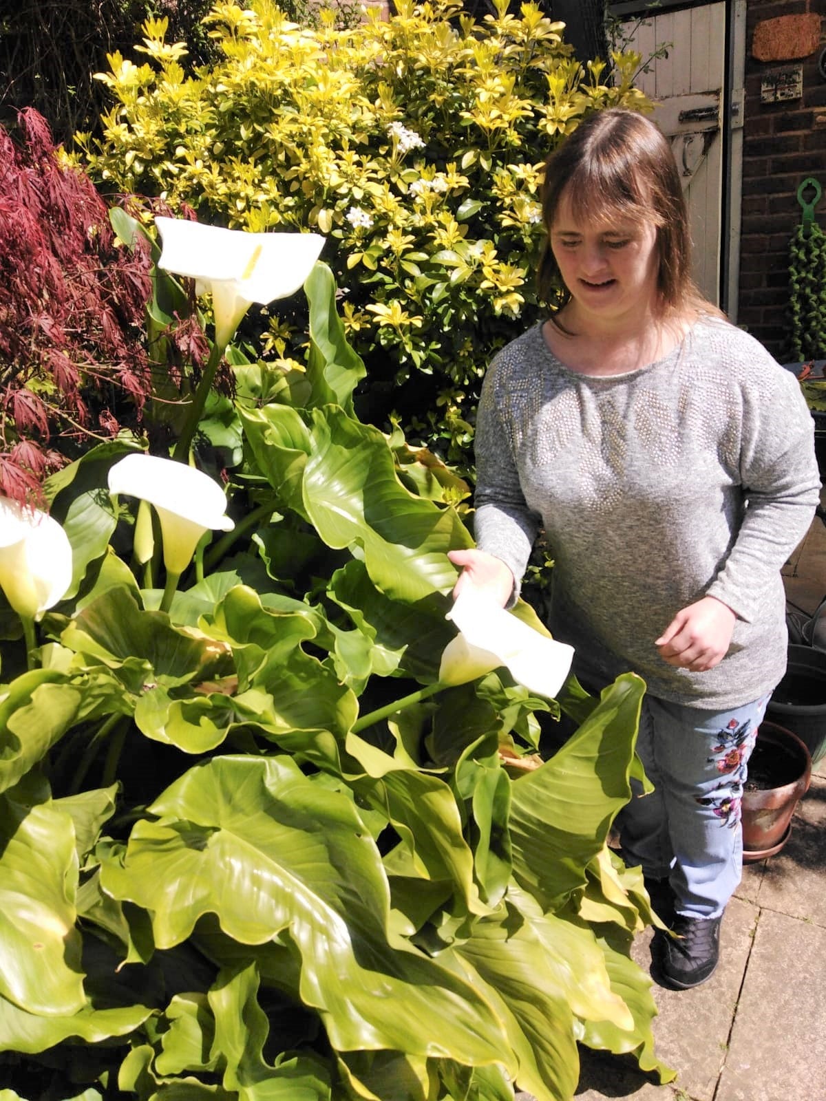 A woman stands by a large clump of arum lilies. There are lots of green glossy leaves and white trumpet-like flowers. The woman has Down's syndrome