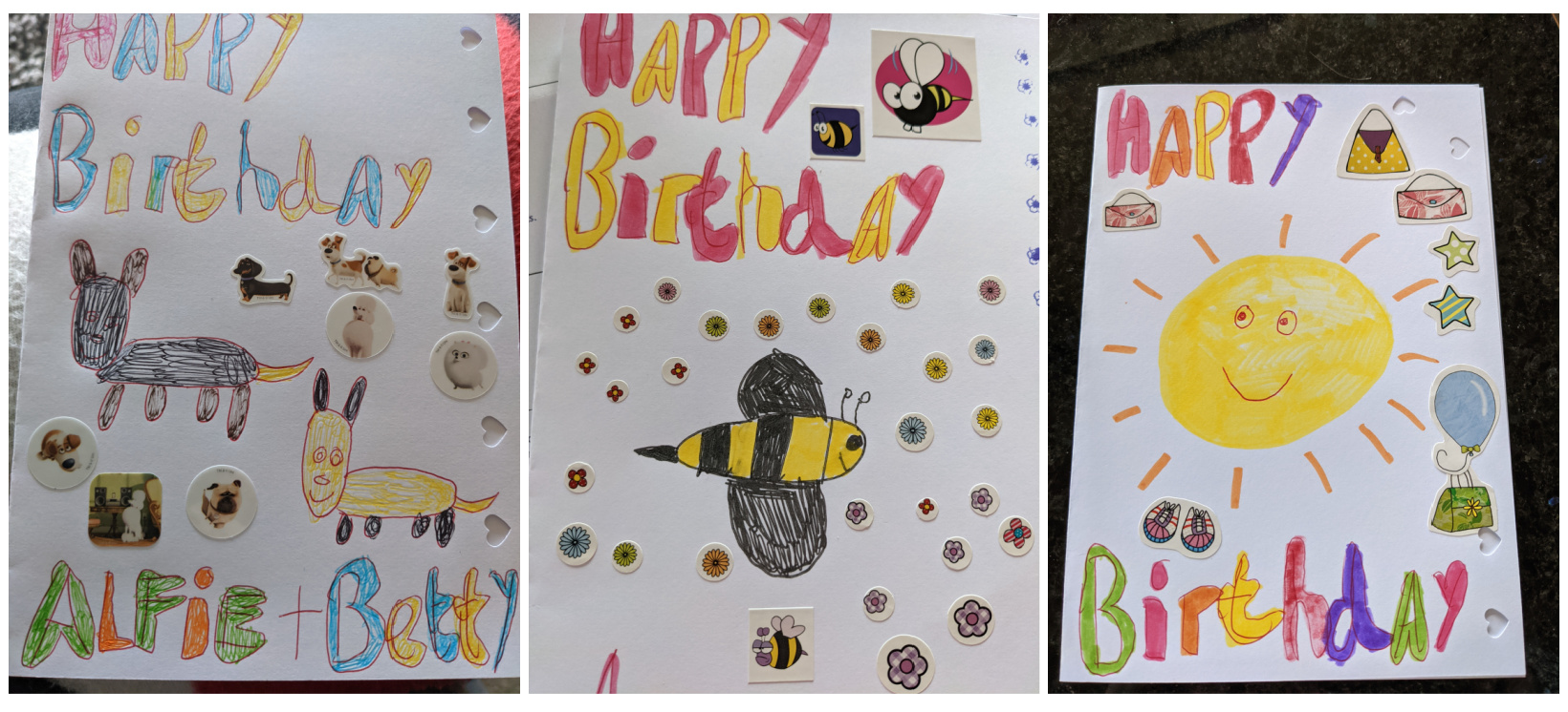 A collage of three different hand made card designs. One has dogs on it; one has bees, and one has a smiley sun.