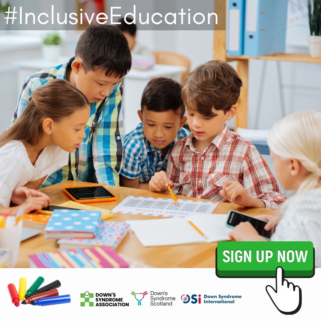 Five children work together on a maths problem round a table. Caption: #InclusiveEducation Sign up now