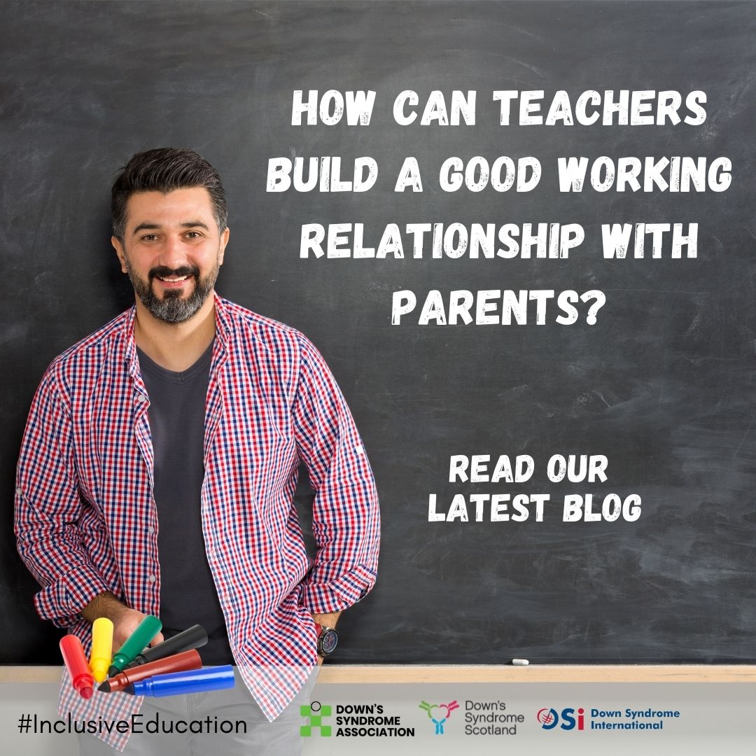 A male teacher stands with his back against a blackboard. The text on the image reads 'How can teachers build a good working relationship with parents? Read our latest blog.'