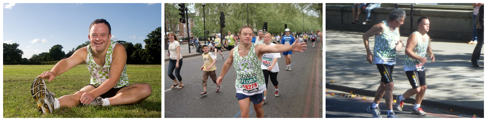 A collage of images of Simon. In the first he's warming up; in the second he's running, acknowledging his supporters in the crowd; in the third he and his running mate John are running along part of the London Marathon route.