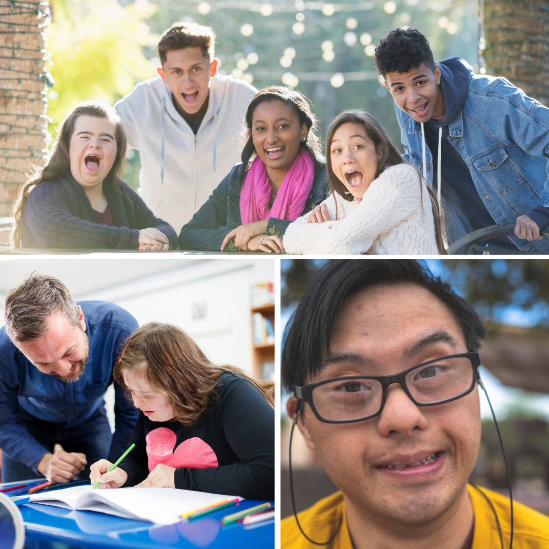 Various photos of young adults who have Down's syndrome; with friends; in a classroom; looking into the camera, smiling.