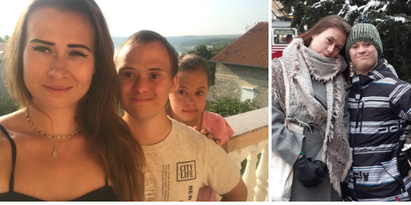 A collage of two photos of Alžběta with her younger brother, who has Down's syndrome. One of the pictures is in the summer and includes a younger sister too. They are standing on a balcony and the sun is shining. In the second picture it is winter and Alžběta and her brother are wrapped up warm.