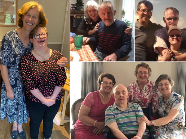 A collage of photos showing several older people who have Down's syndrome with their family carers.