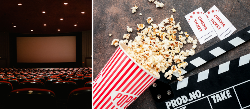 A collage of two images. One shows the interior of a cinema. It shows the screen and the rows of seats. The second picture is a still life of popcorn, cinema tickets and a clapper board.
