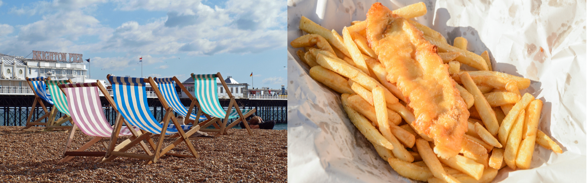 A collage of two images, one of Brighton beach with empty deckchairs in the foreground and the pier in the background; the other image is of a takeaway portion of fish and chips