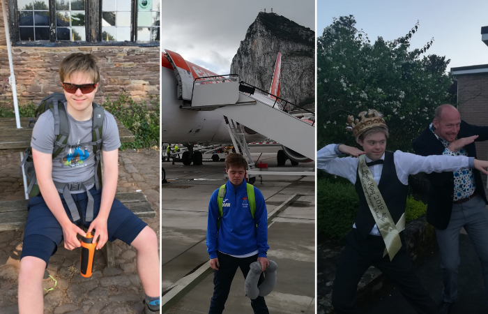 A collage of several photos of Dylan. One shows him sitting on a pub table with a rucksack and walking boots. In the second he's standing on the tarmac in front of an airplane. In the third he's posing with a Prom King sash and crown.