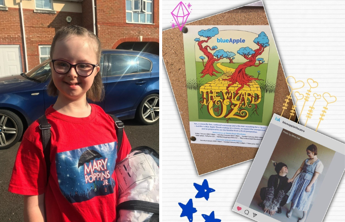 Isla poses in a tshirt for the production of Mary Poppins she took part in. The other image is of the programme of the Wizard of Oz and a still of Isla in costume