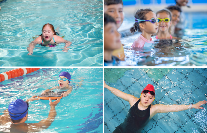 A collage of stock images showing swimming lessons.
