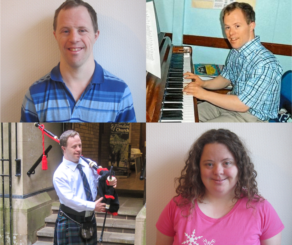 Collage of a man and woman who have Down's syndrome. He is playing the piano and bagpipes.
