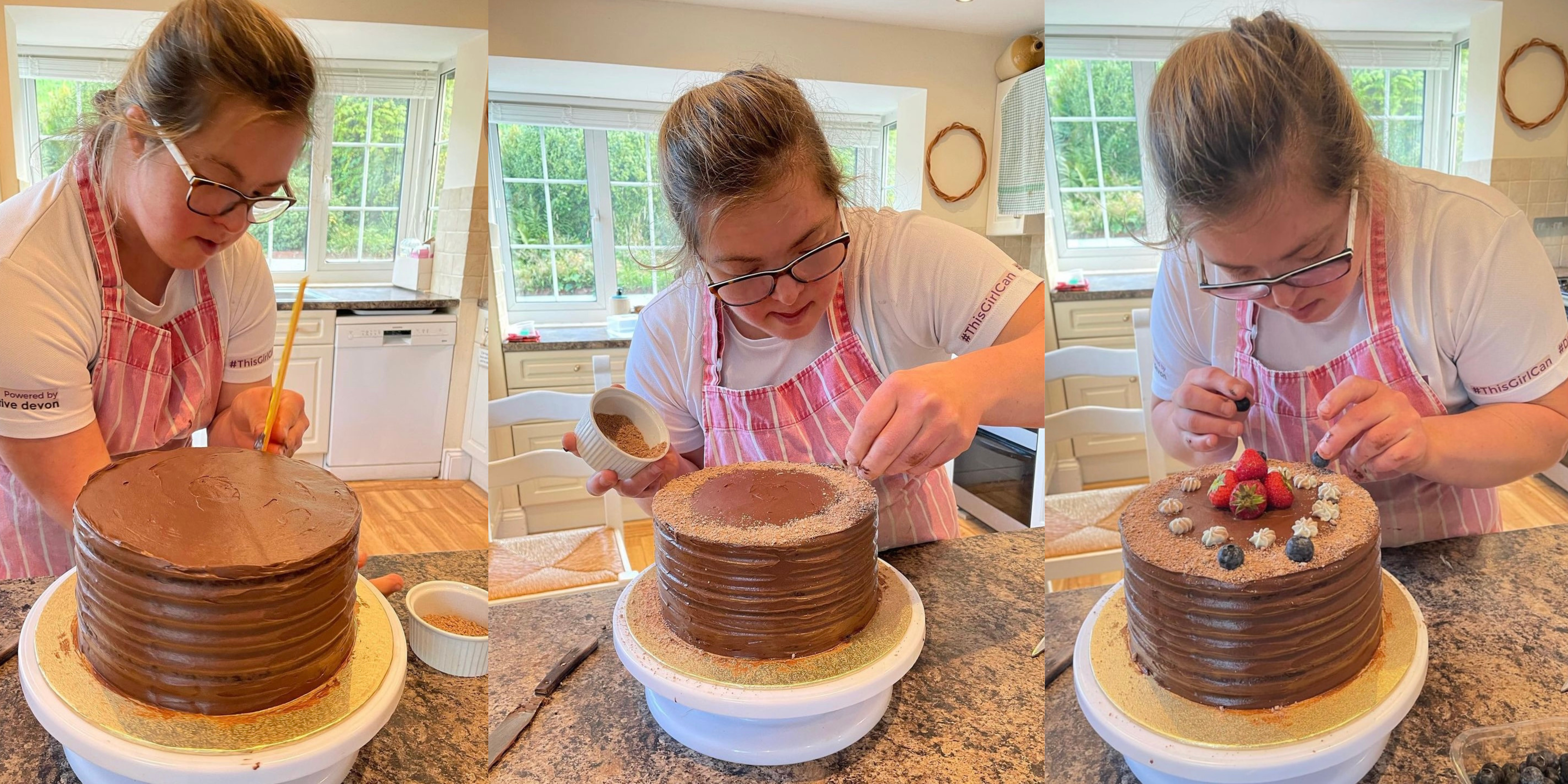 Collage of woman decorating a chocolate cake