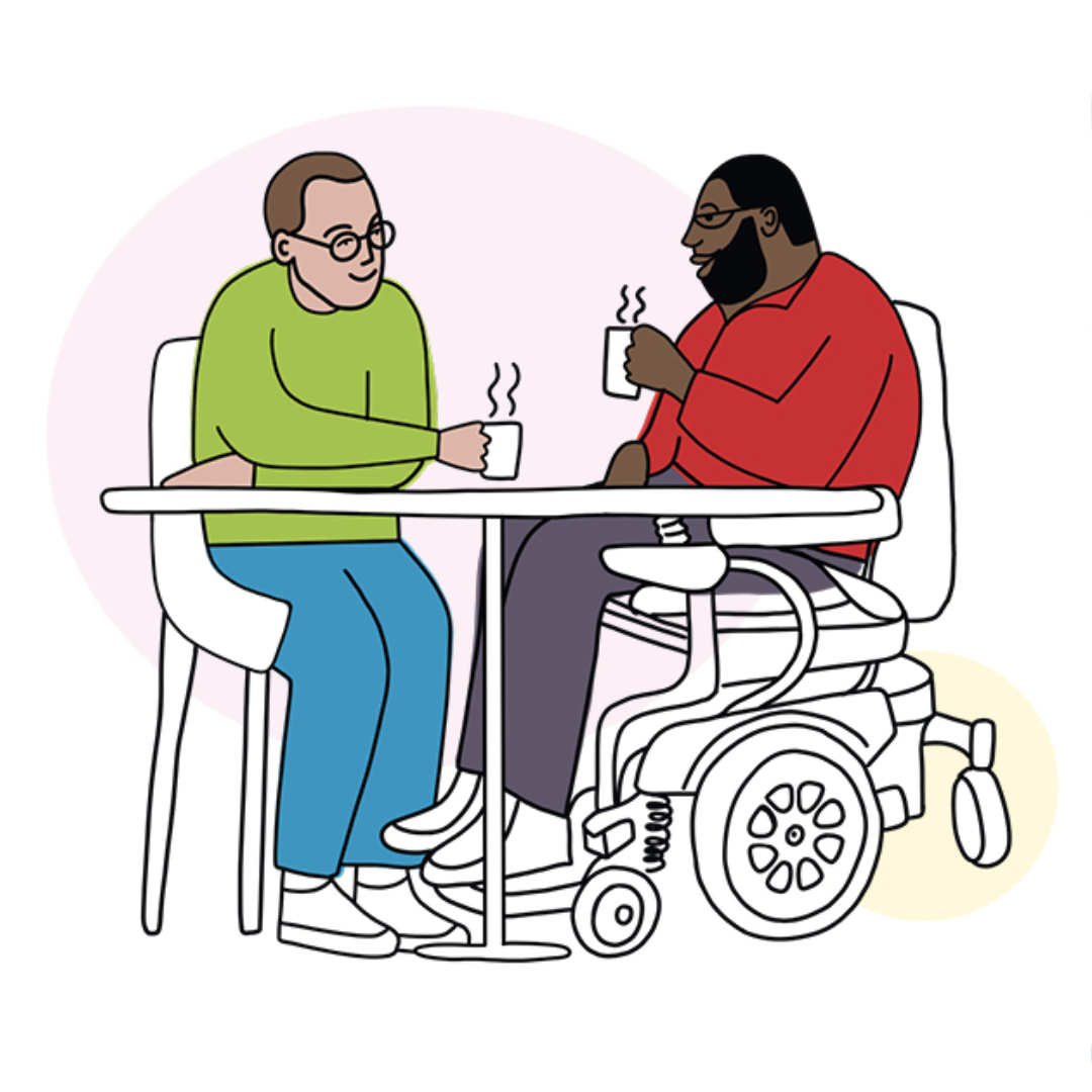A drawing of two men having a coffee. One is a wheelchair user.