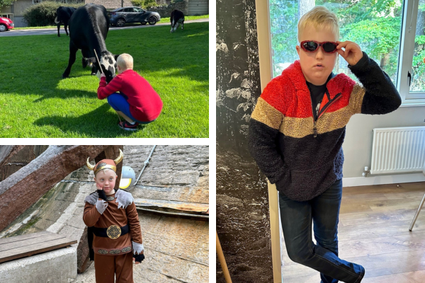 A selection of images of Maxwell. In one he is talking to a cow. In one he is looking cool in a pair of shades, leaning casually against a wall. In the third he is wearing a viking costume.