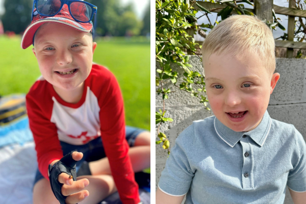 Two photos of Maxwell, a boy who has Down's syndrome. In one he's in tshirt and a baseball cap and is sitting cross legged on a picnic blanket. In the other he's in a smart polo shirt.