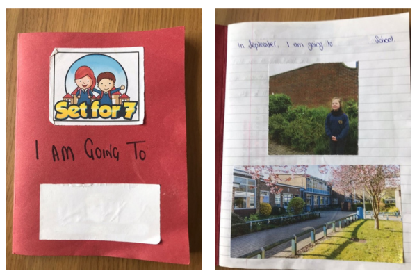 This image shows the front cover and first page of Zoe's transition book. The cover has a cheery sticker that says 'Set for 7' and below it, in handwriting, it says 'I AM GOING TO' in capitals and then there is a blank space where the name of the school would be. It has been removed for safeguarding reasons. The first inside page is shown. At the top of the page it says 'In September I am going to ____ school' The name of the school has again been removed. Below it are two images. The first one shows Zoe outside the school in uniform. The second picture shows the front of the school buildings.