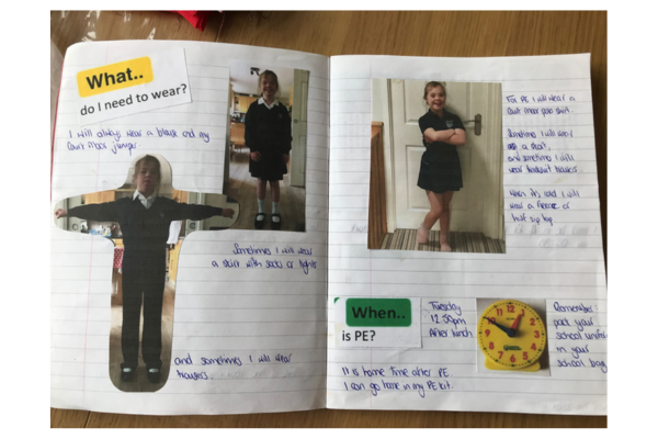 This spread shows two pages of the transition book that talk about what Zoe will wear. It shows the different types of uniform Zoe might wear - trousers, skirt, top, jumper, PE kit. It also explains when PE happens. The photos are of Zoe in her uniform.
