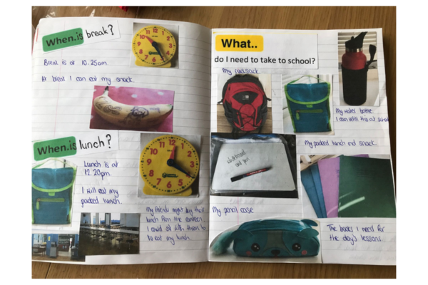 This spread has details of when break time is and what Zoe will do at break (eat a snack), when lunchtime is and what happens at lunchtime. The pictures include clock faces of the times, as well as photos of the school dining room, Zoe's lunch box.<br />
It also covers what Zoe will need to take to school, with photos of Zoe's rucksack, lunchbox, water bottle, whiteboard and pen, work books and pencil case.