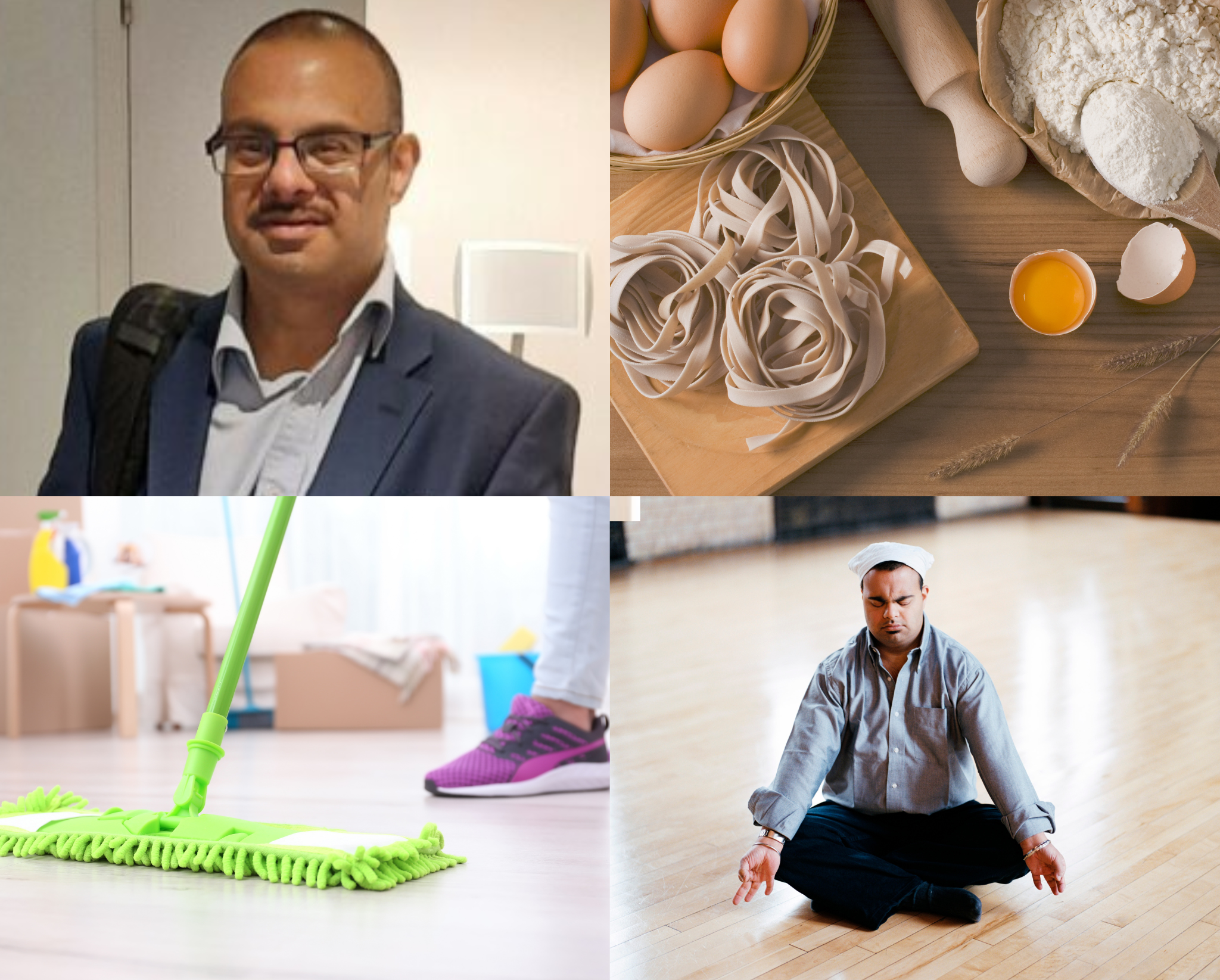 Collage of Vinay working, relaxing and cleaning, getting the work relaxation balance right